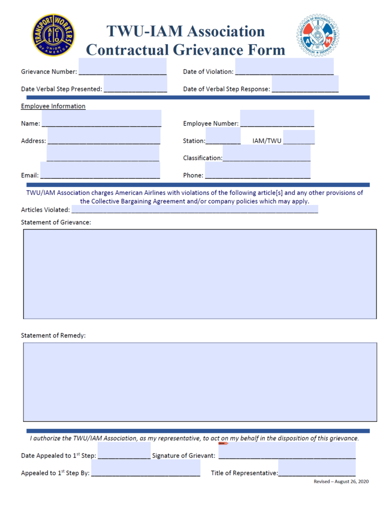 TWU-IAM Association Contractual Grievance Form